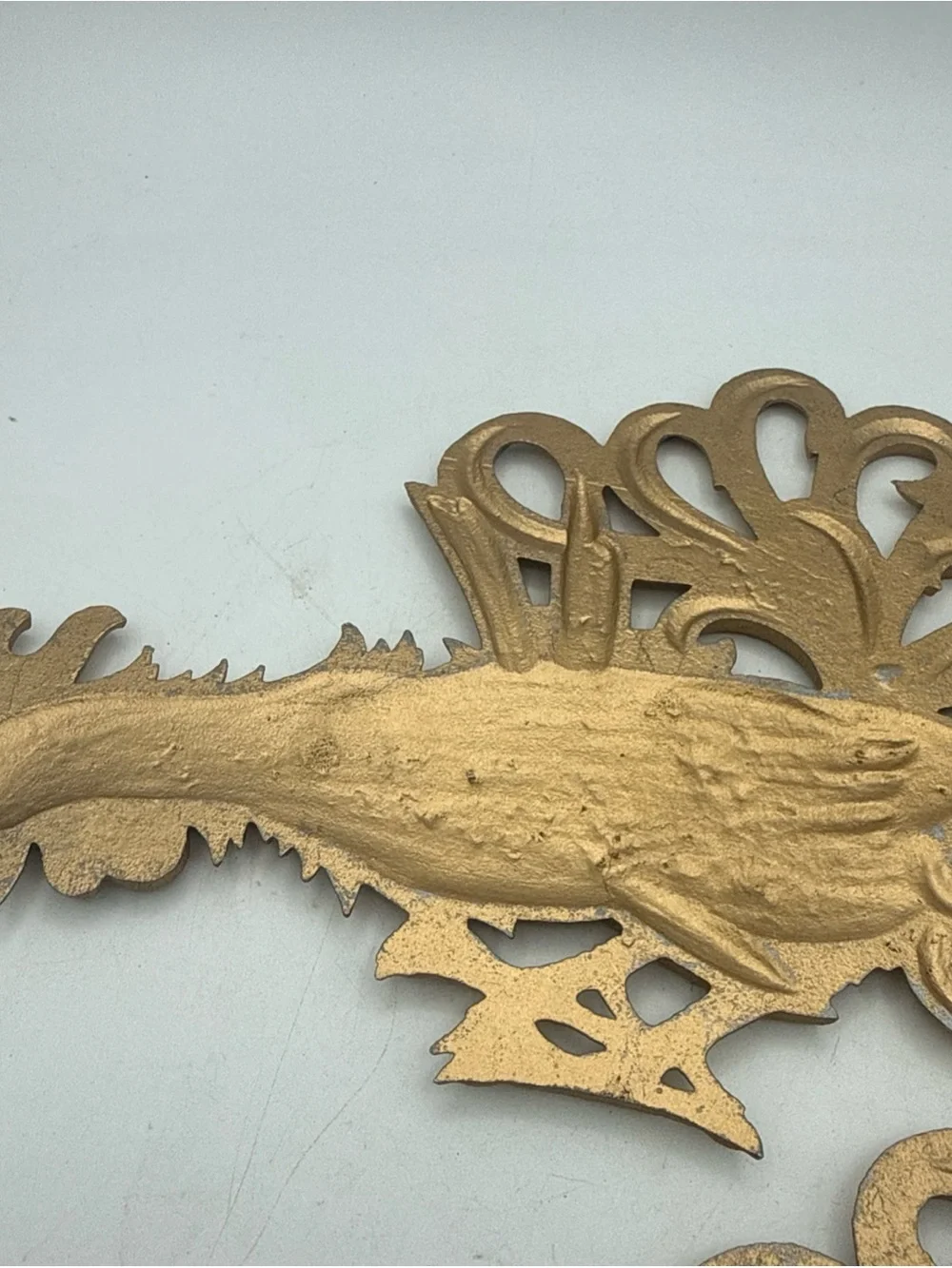 2 VTG Fighting Roosters  Gold Color Painted Cast Metal Wall Decor 9”  Farmhouse
